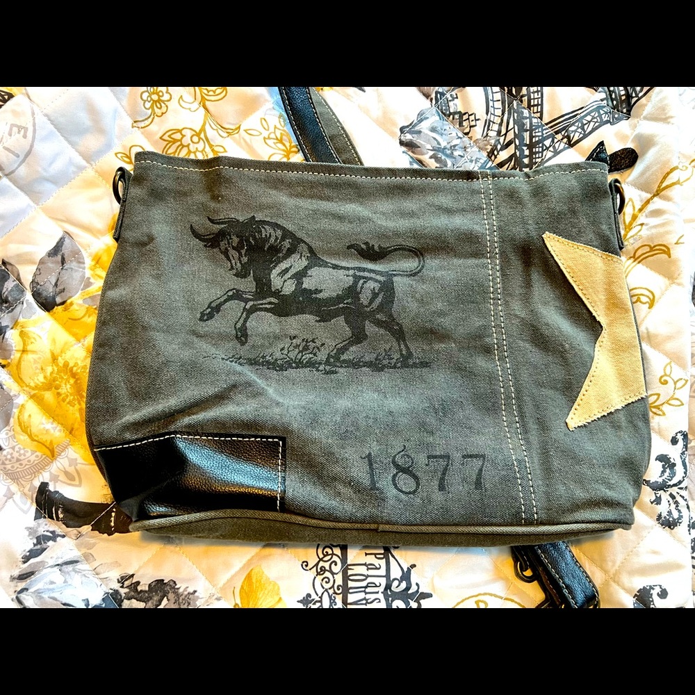 Myra Bag Gray Bull Rustic Canvas Black Leather Shoulder Bag